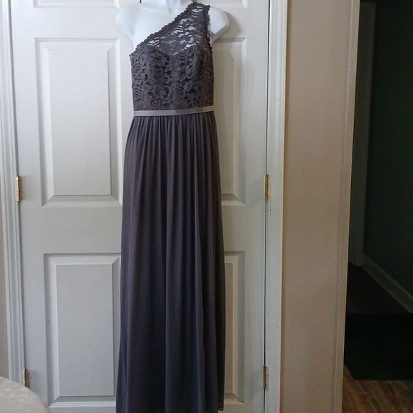 David's Bridal Gray lace upper pleated skirting one shoulder dress  Sz 4 - Picture 1 of 6